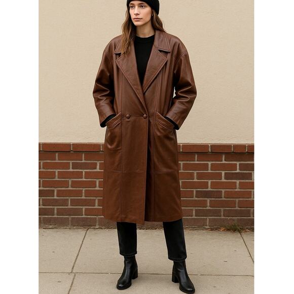 Express S Slouchy Oversized Lamb Leather Trench Coat Long Jacket 90s Brown - Picture 1 of 12